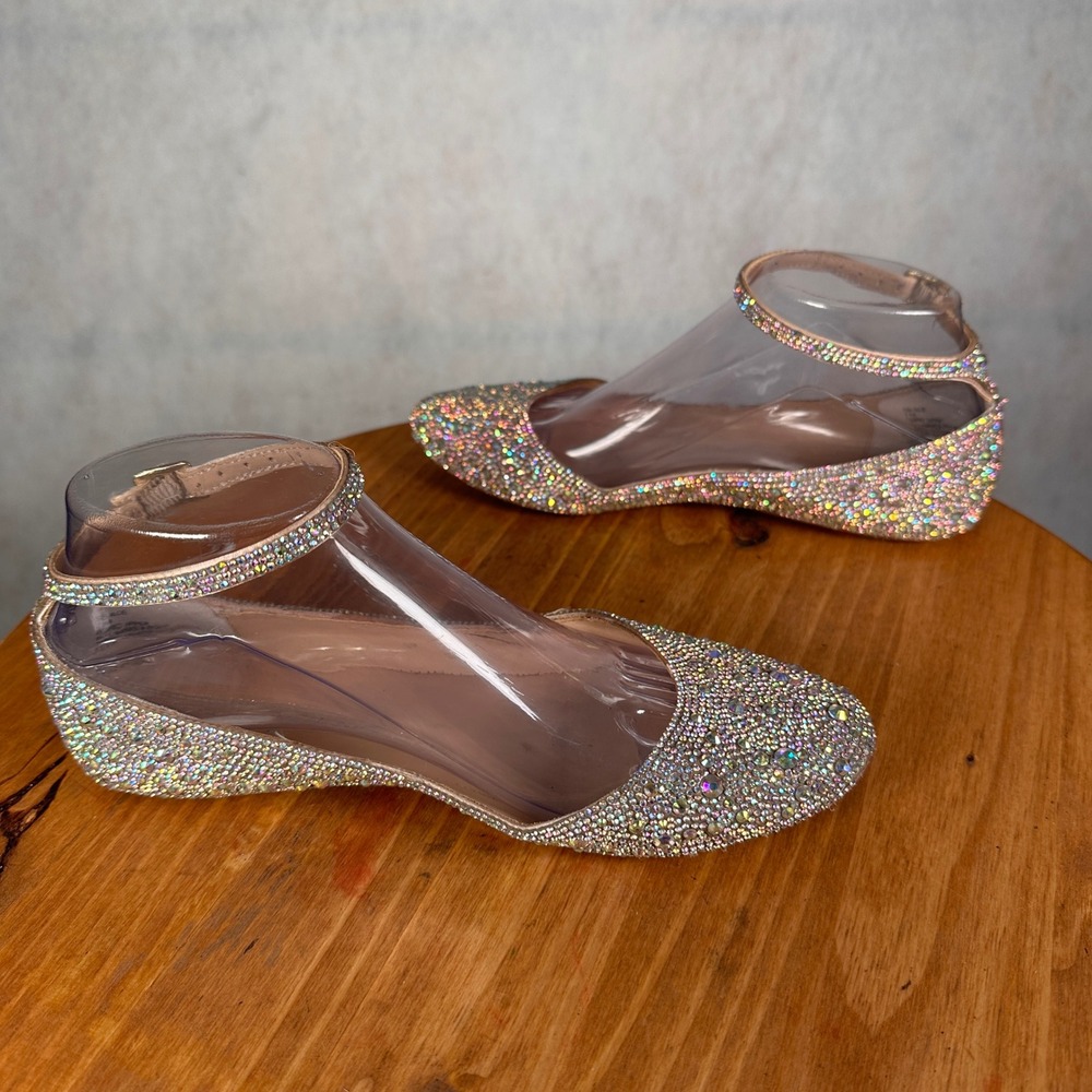 Betsey Johnson SB-ACE Flats Women 7M Champagne Rhinestone Good Crystal Ankle - Picture 10 of 14